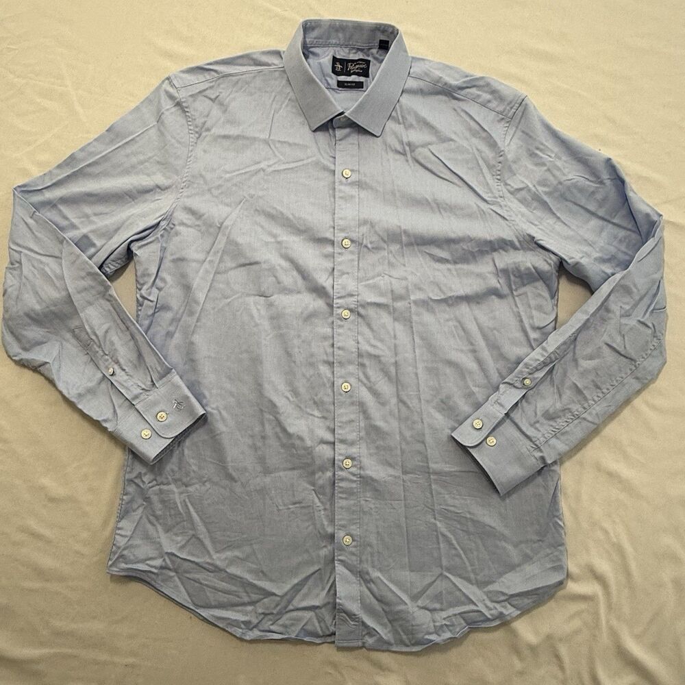 Original Penguin Slim Fit Button Down Dress Blue Shirt Men's Size 16.5 - 34/35